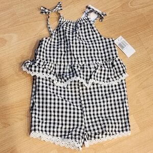 NWT Jessica Simpson Black white gingham Ruffle romper. Crochet lace. Size 4.